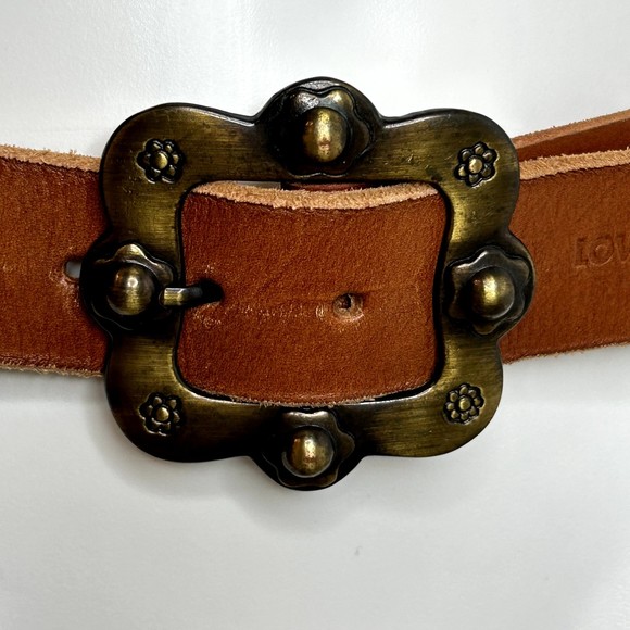 LOVELY DENIM Crow Brown Leather Belt Brass Buckle‎ Size Small 1.5\